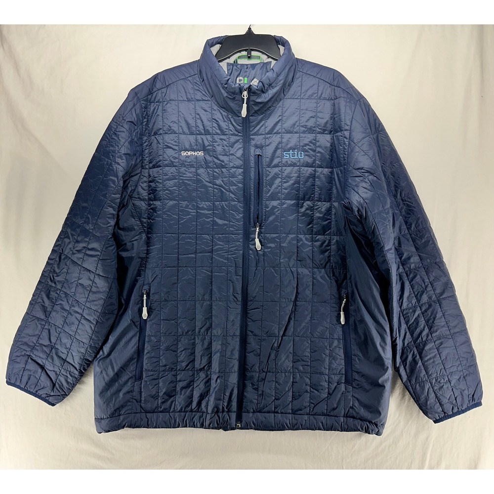 Stio Azura Mens Navy Blue Quilted Insulated Full Zip Jacket Sophos Logo Size XXL